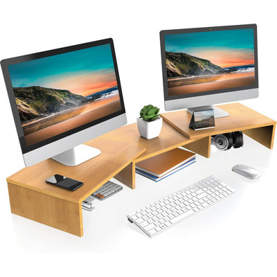 Michio Dual Monitor Stand 3 Shelf Computer Monitor Riser, Wood Desktop Stand With Adjustable Length And Angle, Desk Accessories, Office Supplies Mediu -  Inbox Zero, CDB6E45994184690AE3E4F45822E35CD