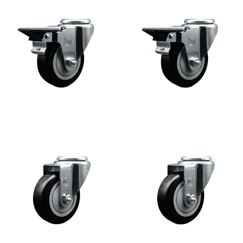 3.5 Inch Poly Wheel Swivel Bolt Hole Caster Set with 2 Posi Lock Brakes, Noir