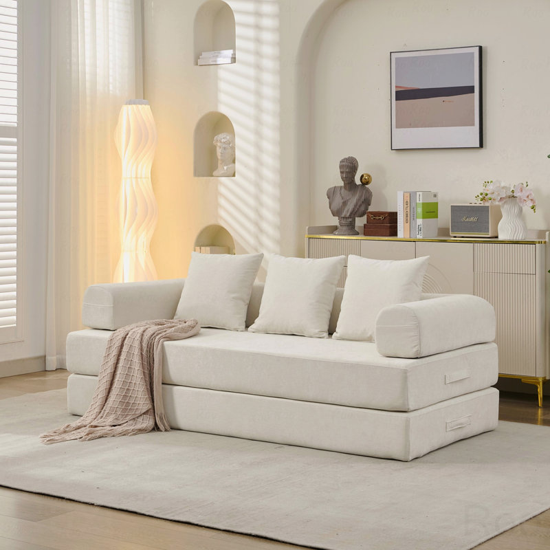 Canapé-lit en chenille convertible: canapé-lit pliable, méridienne, support d'accoudoir, Beige