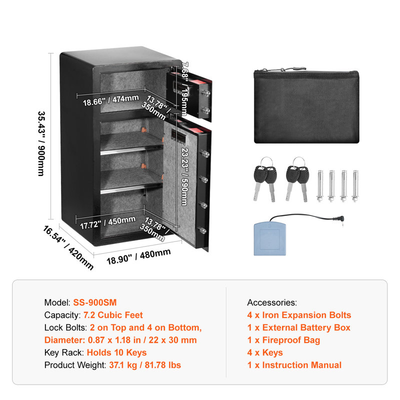 Double Doors 7.2 cu.ft Safe Box with Key Lock & Password, LED Light and 2 Height Adjustable and Removable Divider for Money, Safe Lock Box with Fireproof Bag, Key Rack, Documents, Black