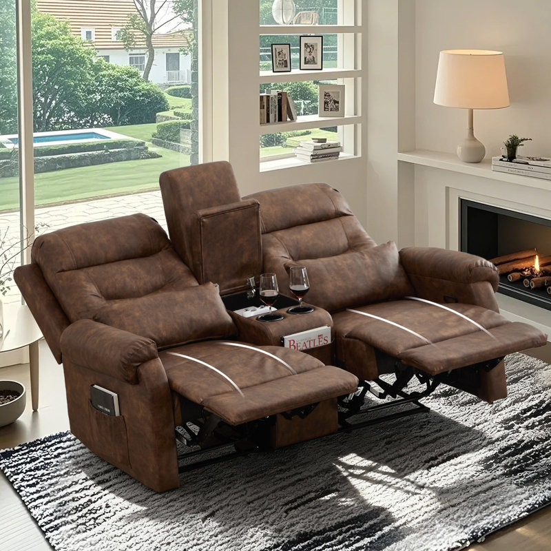 Manual Reclining Loveseat With Storage Console And Cup Holders, Vintage Brown