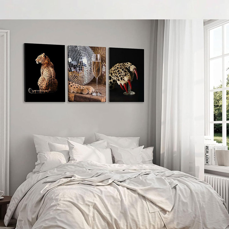 3Pcs Trendy Leopard Canvas Wall Art Leopard Paw Goblet Cheetah Pattern Wall Decor Pictures Preppy Room Aesthetics Y2k Paintings Prints For Bedroom Apartment Dorm Room Decoration
