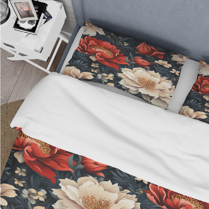 Ensemble de housse de couette floral Enchanting Red Peony Garden Flourish, Housse de couette pour grand lit et 2 taies décor