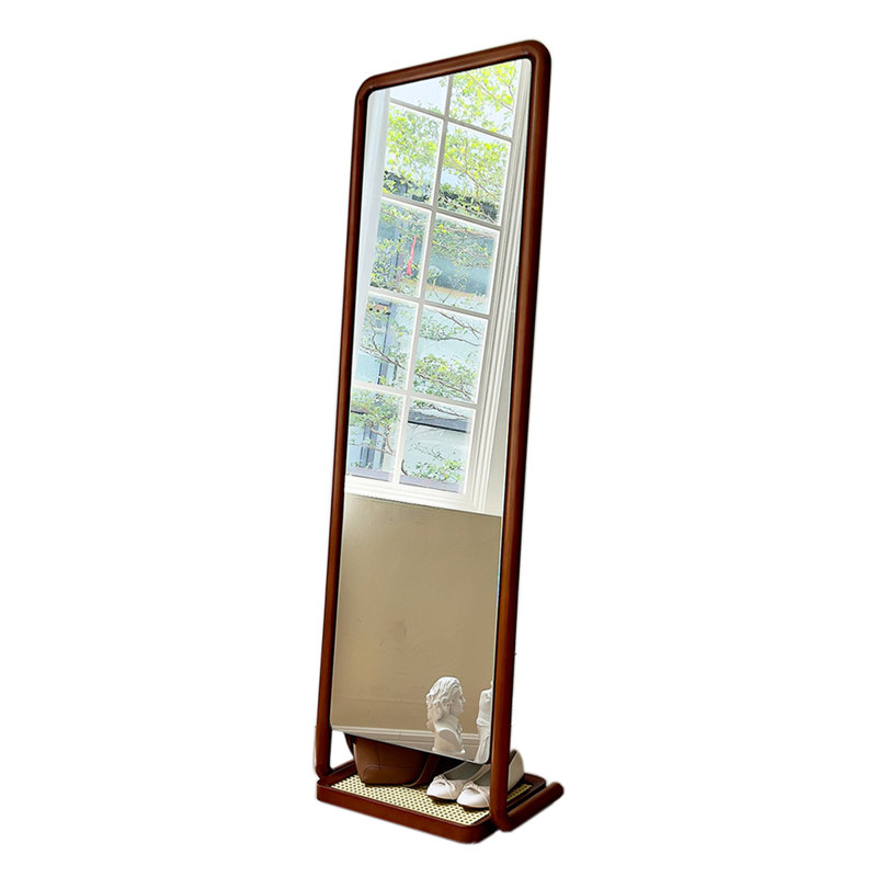 Simple And Retro Wooden Frame Wicker Full-Length Mirror