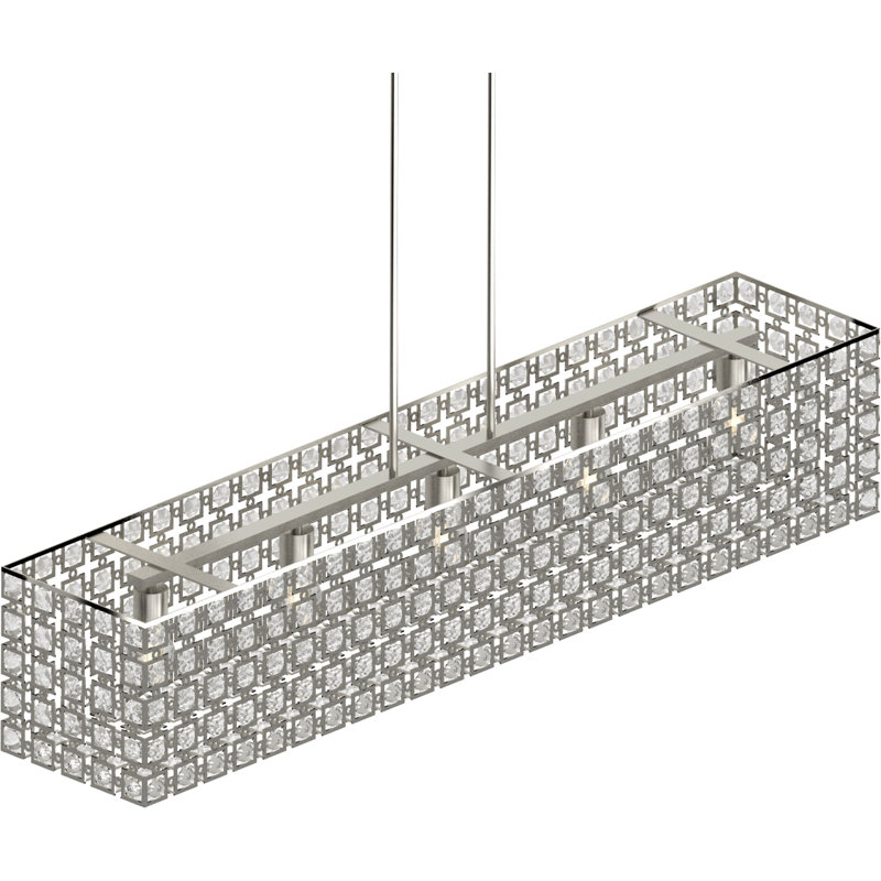 5-Light Indoor Elegant Glam Glamorous Brushed Nickel Square Rectangle Linear Kitchen Island Downrod Pendant Chandelier with Sparkling Bejeweled Glass Diamond Jewel Crystals