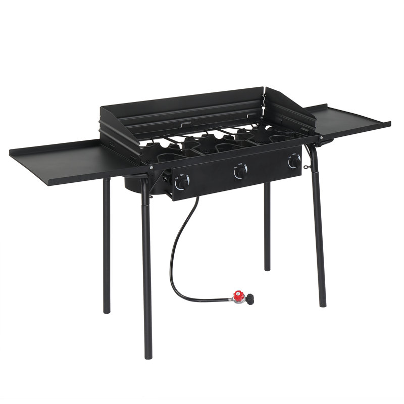 3-Burner High Pressure Propane Outdoor Stove with Removable Side Shelves and Windscreen