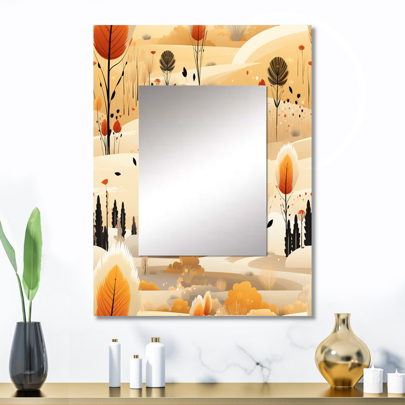 Thurmont Beige Meadow Flowers Boho Pattern - Floral Large Mirror, Cottage Unique Wall Mirror Decor, Printed Metal Art