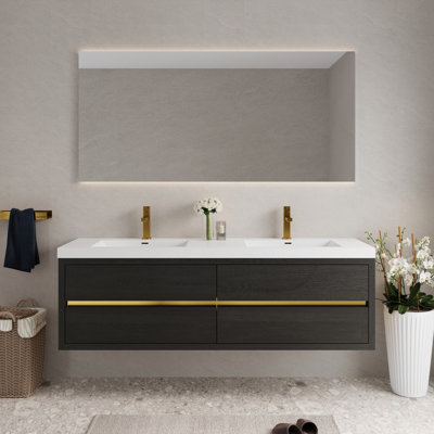 Meuble-lavabo flottant mural 72 po avec lavabo, comptoir en résine de pierre, tiroirs à fermeture en douceur, bois, pré-assemblé pour une installation rapide, rangement pour produits cosmétiques, rangement pour finition à l'eau, entièrement lisse