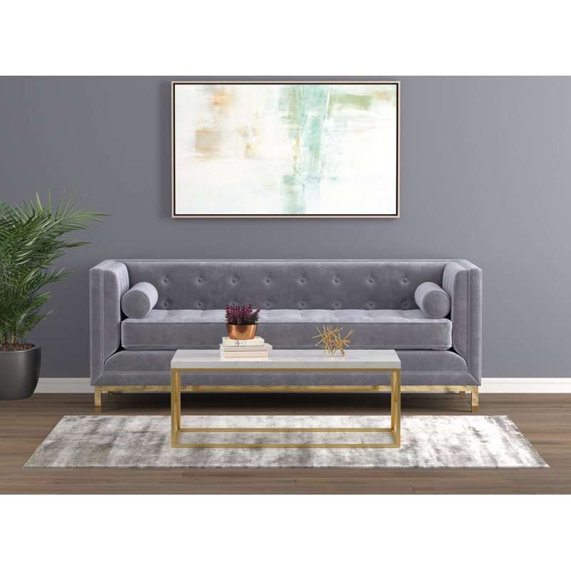 Brady Coffee Table, Faux Wood Top, Metal X Frame, Gold, White Marble, 17" H x 44" L x 22" W