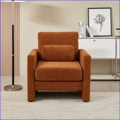 Chaise d'appoint avec revêtement en chenille moderne et structure en bois massif pour le salon, la chambre et le bureau | Orange | Bois et tissu