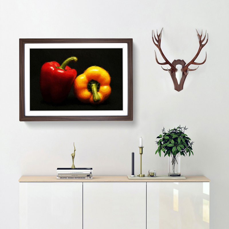 Red & Yellow Bell Pepper - Picture Frame Painting Print, 36cm H x 48cm W x 2cm D, Walnut Framed