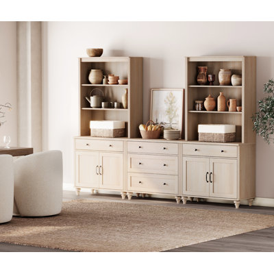 Sideboard Cabinet With Bar Hutch, Buffet Cabinet With Four Wood Doors, Five Drawers And Two 3 Tier Shelves, Light Beige, 101''
