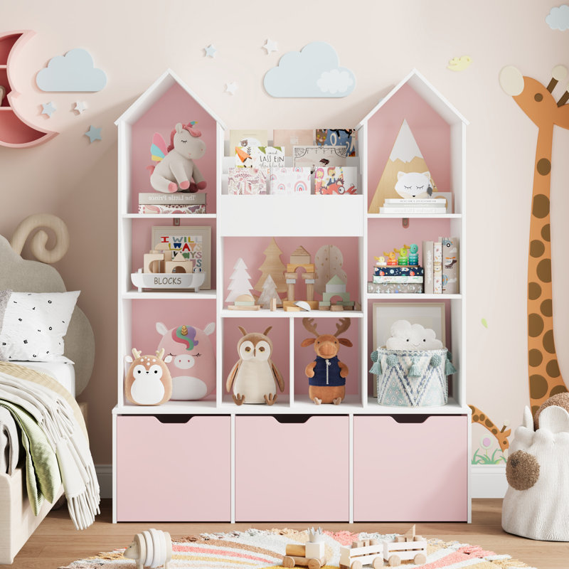 White 54.5"W Storage Bookcase, White Cube Bookcase with Removable Drawers, Blush/White
