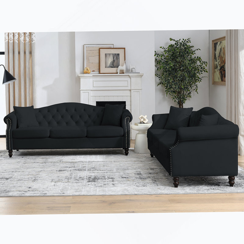Canapé Chesterfield 79 po en velours noir pour salon, canapé 3 places