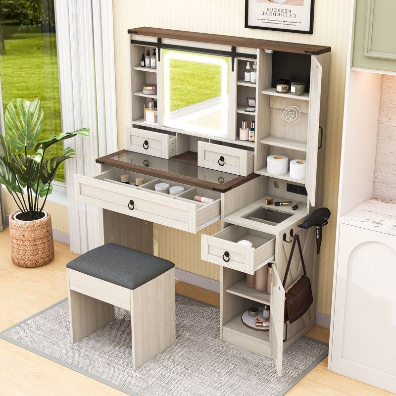 Bureau de maquillage avec bureau intégré, tiroirs, crochets latéraux et tablettes, Blanc