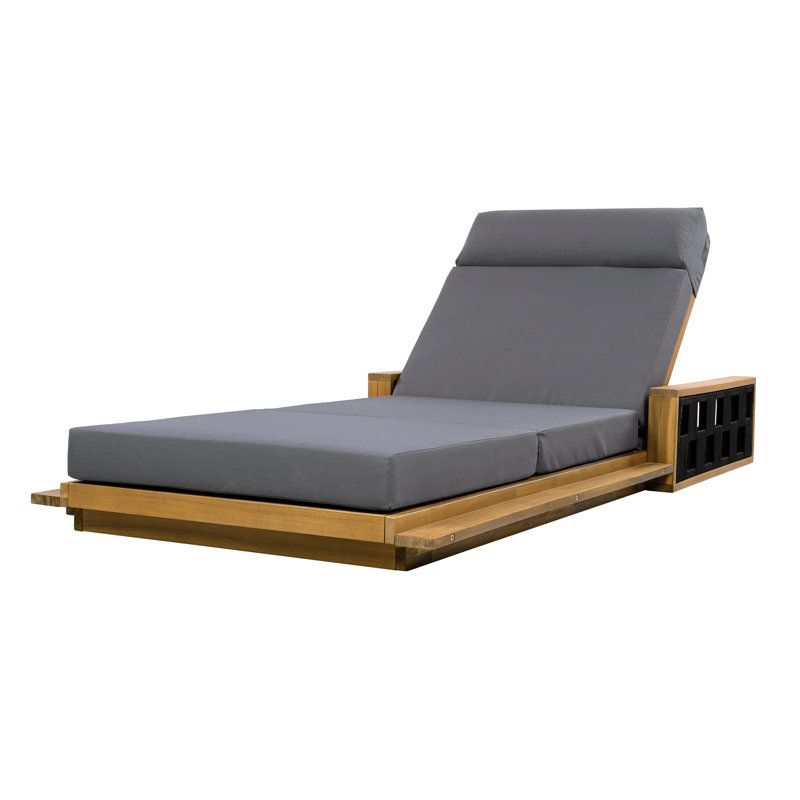 Ghodke Patio Acacia Wood Chaise Lounge With Adjustable Backrest & 4-Fold Cushion (Table Not Included), Dark Gray
