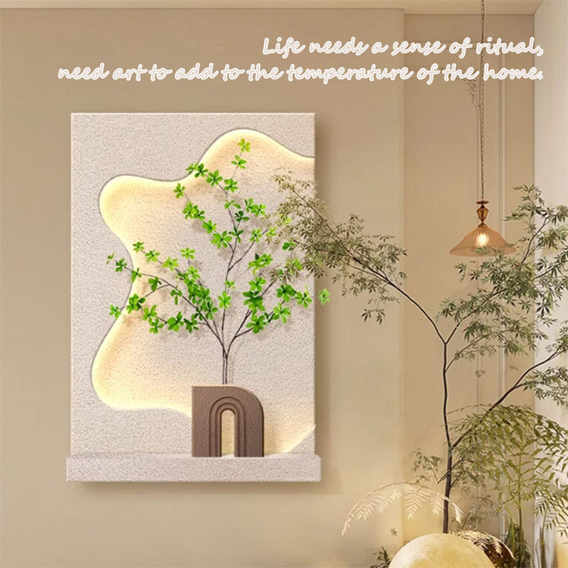 Art mural en grès crème crème irrégulier avec vase en bois arqué et verdure artificielle pour entrée