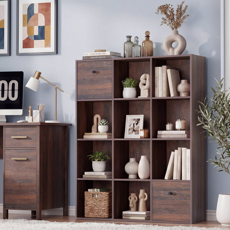 47" W Cube Storage Shelf with 12 Cubes & 2 Fabric Drawers, Rustic Wood Walnut Bookcase & Display Cabinet for Study, Bedroom, Living Room & Office, Individual