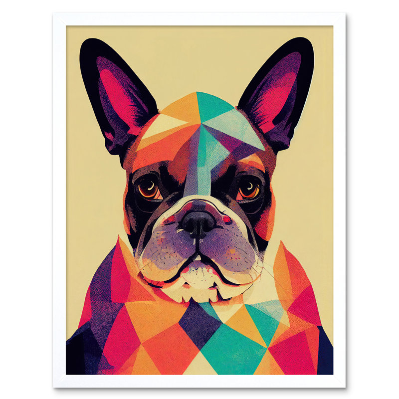 Vibrant Colourful Geometric French Bulldog - Print, 43cm H x 33cm W x 2cm D, White Framed Paper