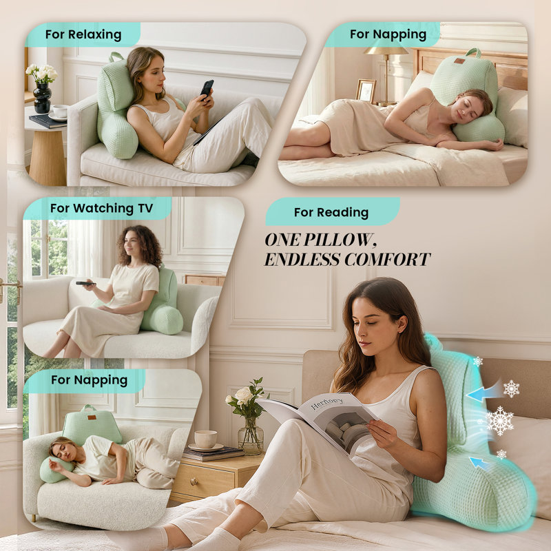 Coussin rafraîchissant à gaufres pour le soutien du dos avec poche et poignée, Vert sauge