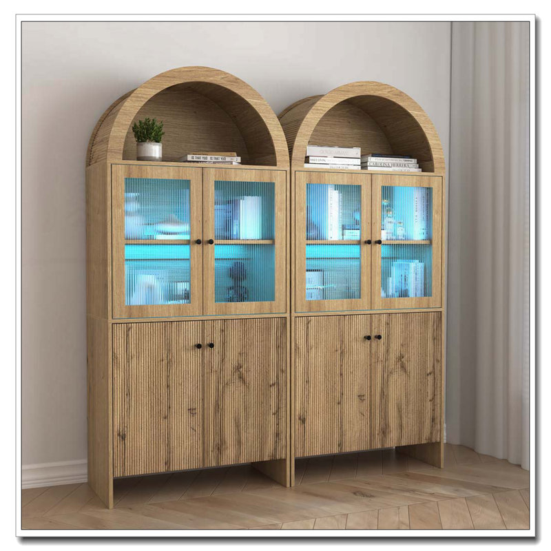 Arch Storage Pantry Cabinet with LED Lighting, Natural Wood