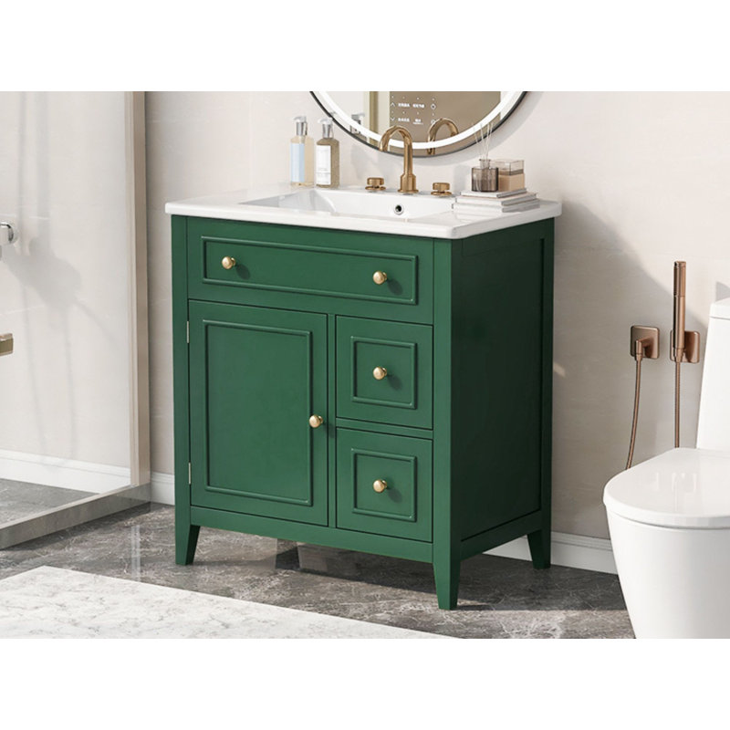 Armoire de salle de bain 30 po avec lavabo en céramique et structure en bois massif, ensemble de meuble-lavabo simple avec armoire de rangement et 2 tiroirs