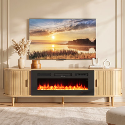 Meuble télé 70 po pour cheminée cannelée en chêne avec télécommande et contrôle tactile, couleurs et température de flamme réglables, centre de divertissement avec rangement pour téléviseurs de 80 po, console multimédia moderne pour le salon