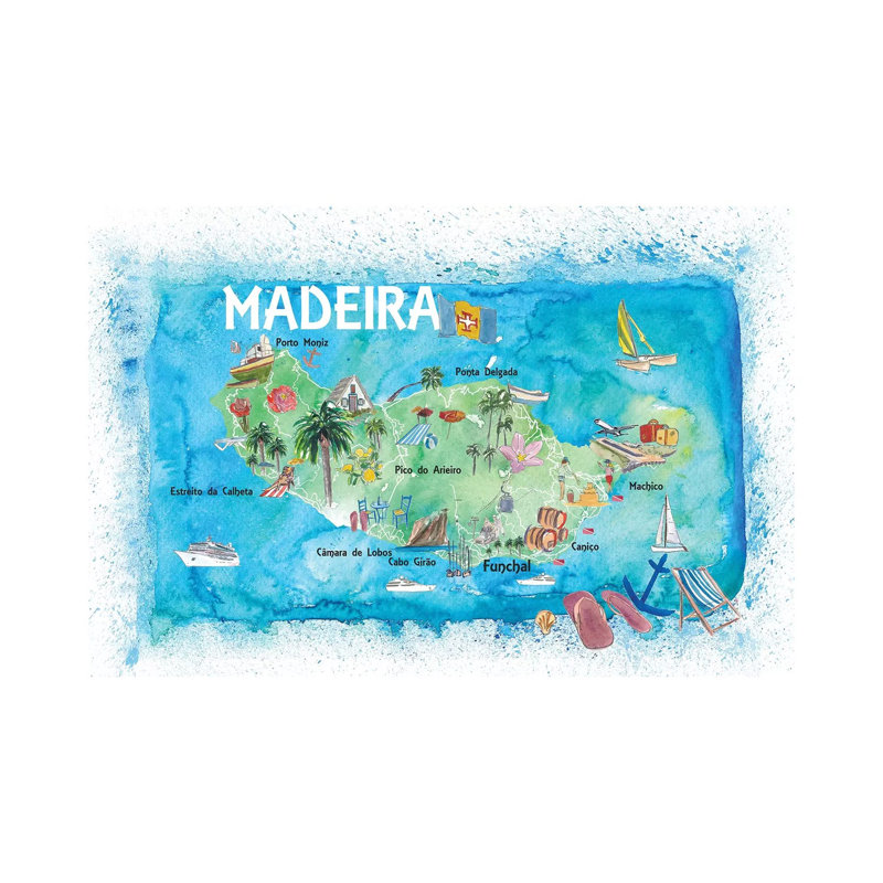 Madeira Portugal Island Illustrated Map With Landmarks And Highlights by Markus & Martina Bleichner - Wrapped Canvas Painting
