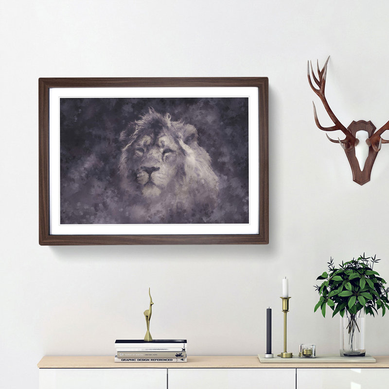 Lion in the Mist - Framed Print, 24cm H x 33cm W x 2cm D, Walnut Framed