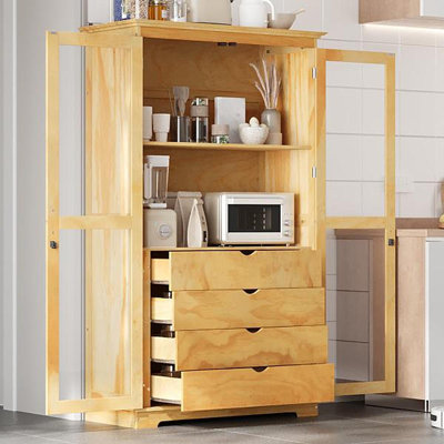 44.7X20x75inch Kitchen Pantry, Freestanding Kitchen Storage Cabinet Display Cabinet With Glass Doors And 4 Built-In Drawers For Living Room, Home Office