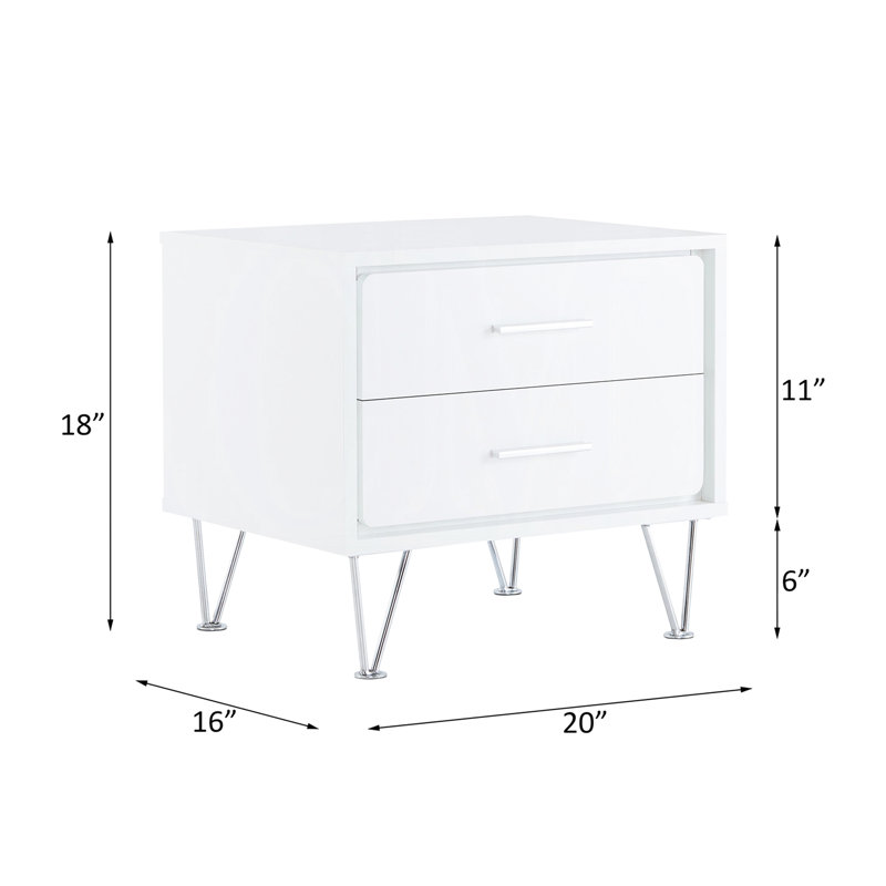 Table de chevet 2 tiroirs avec pieds en métal blanc - Table rectangulaire pour chambre à coucher