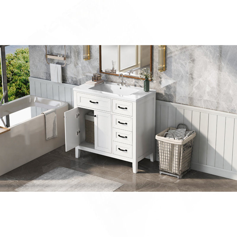 36" Bathroom Vanity With Sink Combo, Green Bathroom Cabinet With Drawers, Solid Frame And MDF Board, Blanc/Noir