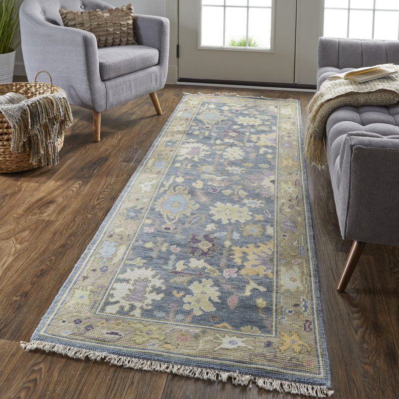 Karina Hand Knotted Wool Floral Area Rug in Blue/Beige, Runner 2'6" x 8'