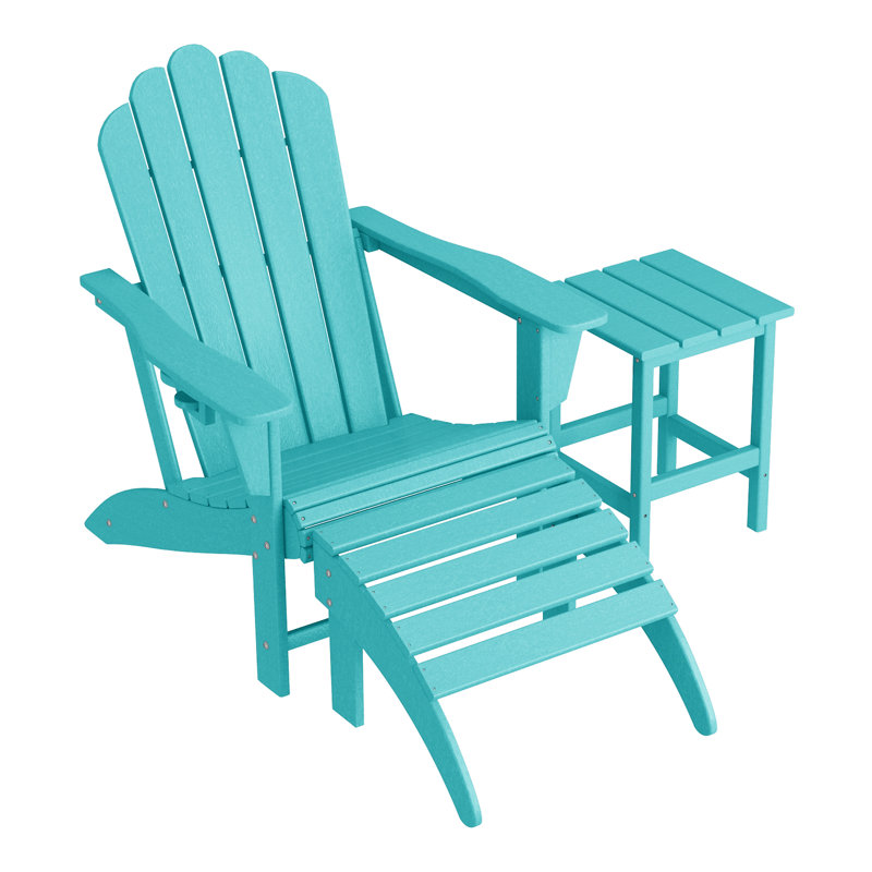 Outdoor Poly Adirondack Chair With Side Table And Ottoman, Turquoise
