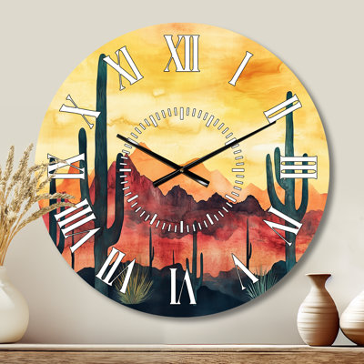 Désert avec silhouettes de cactus - horloge murale ronde en métal Southwestern