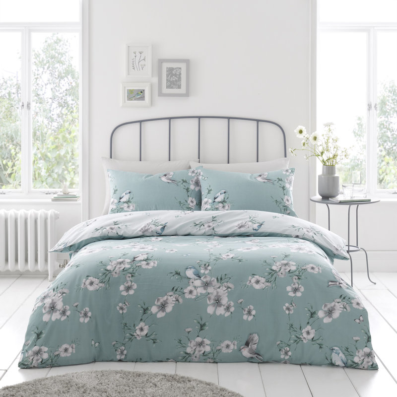 Birdie Blossom Duvet Cover and Pillowcases Set, Polycotton, Machine Washable, Soft Yarn Bedding, Duck Egg, Super King