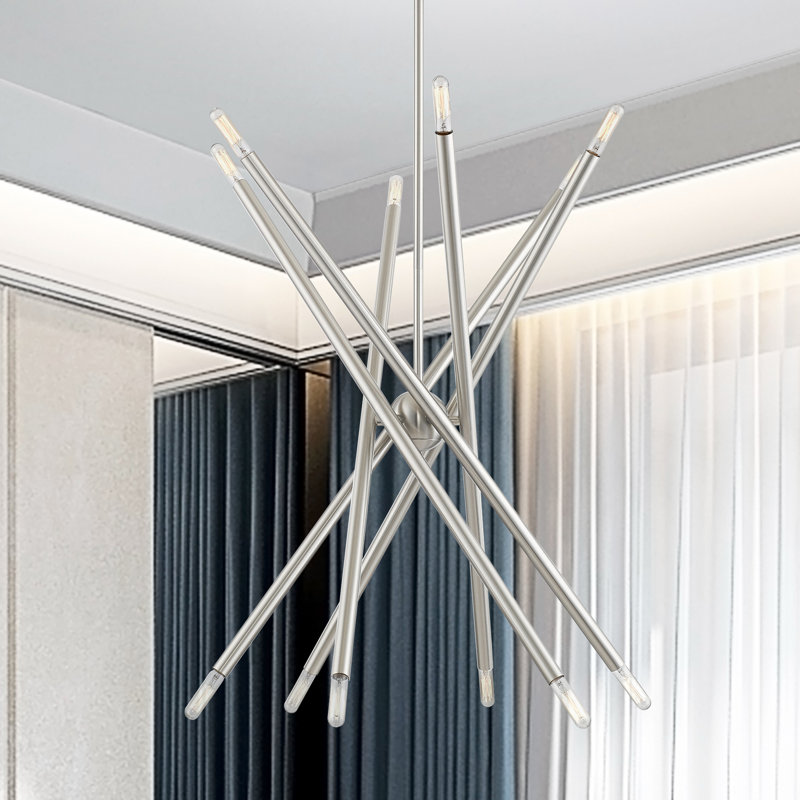 Lustre linéaire Spoutnik moderne à 12 lumières Poco, Nickel brossé, 12