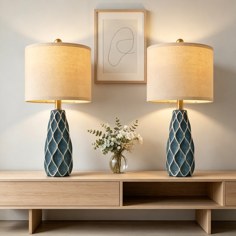 Ensemble de 2 lampes de table en céramique, lampe de chevet Boho, Bleu, H 20,75 po x l 10 po x P 10 po