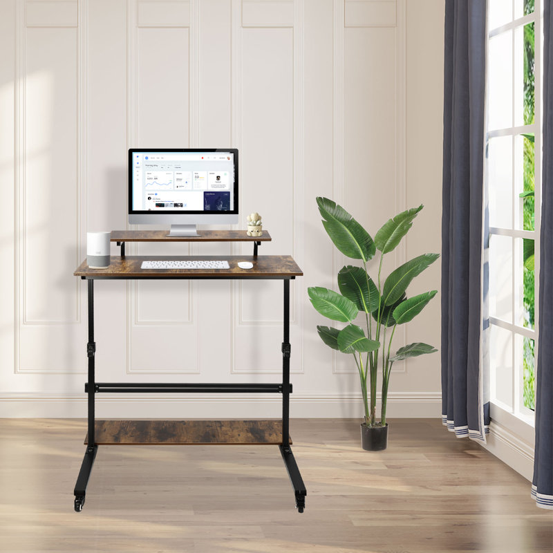 Bureau assis-debout mobile réglable en hauteur, poste de travail informatique avec chariot à roulettes pour ordinateur portable, idéal pour la maison, le bureau, la chambre ou le dortoir.