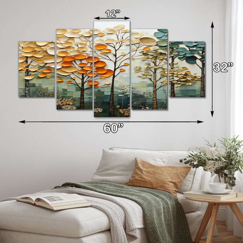 Orange orange, arbres verts, auvent en patchwork I - Paysage, art mural, salon, 5 panneaux