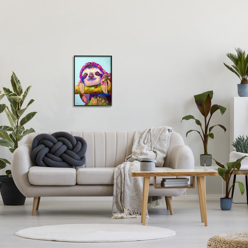 «Happy Sloth Bold» par Jen Seeley - peinture sur bois à cadre flottant, Giclée encadrée noir minuit
