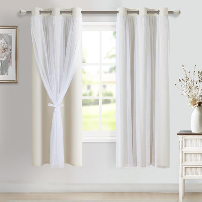 2 Panels Blackout Curtains with Sheer Overlay Thermal Insulated Mix & Match Double Layer Window Panels Drape Sewn with Tiebacks Grommet Top for Bedroom Living Room