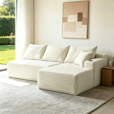 Canapé modulaire en forme de L 96 po Cloud, velours côtelé beige, 3 places, mousse et ressort, certifié écologique