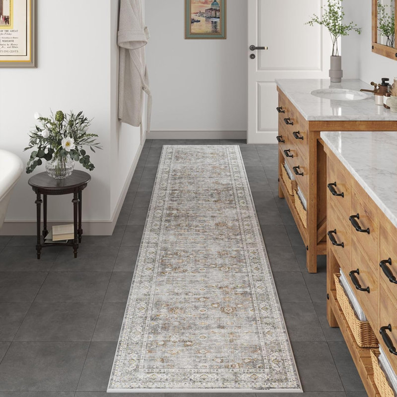 Washable Floral Kitchen Runner Rugs, Gray, Runner 2' x 10'