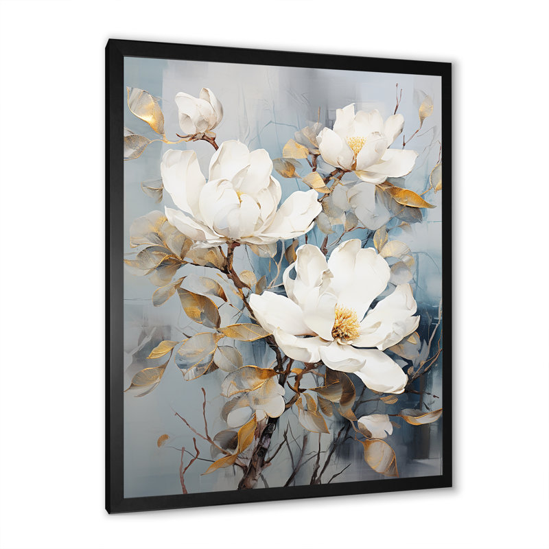 Minimalisme Magnolias sur toile, Cadre simple noir, H 32 po x l 16 po x P 1 po