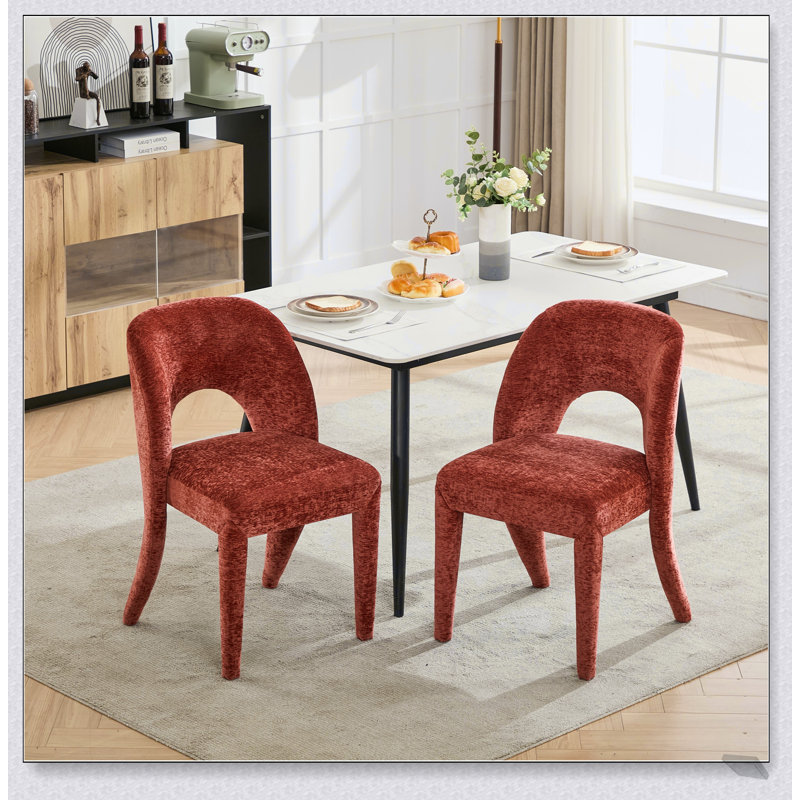 Élégantes chaises de salle à manger en chenille rose avec dossier creux, ensemble de 2, parfaites pour la cuisine et les restaurants