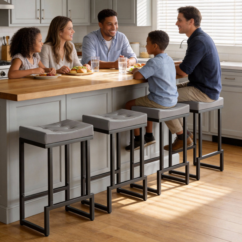 Tabouret de comptoir rembourré avec structure et repose-pieds en métal, tabouret de bar à hauteur de siège sans dossier, Gris