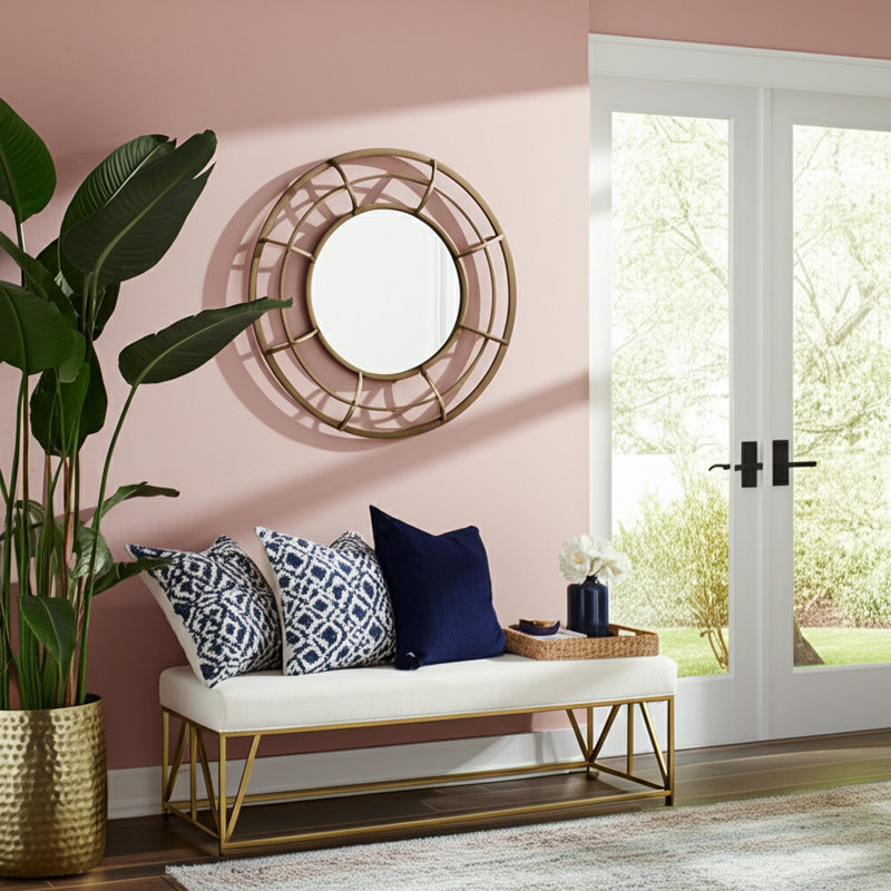 Modern Metal and Glass Wall Mirror with Openwork Frame - Contemporary Round Decorative Accent., Gold 