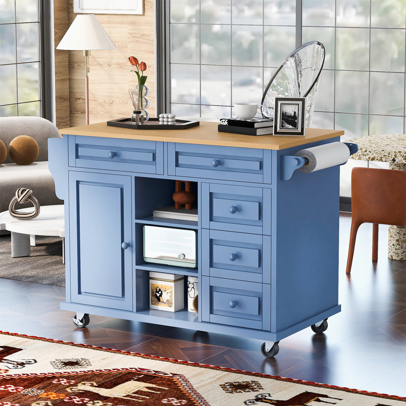 Chariot de cuisine avec îlot de cuisine mobile en bois d'hévéa avec rangement et 5 tiroirs, longueur de 53 pouces, Bleu