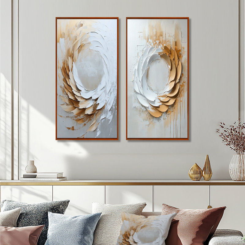 Spirales abstraites dans des tons de beige et de blanc I - ensemble de 2 pièces d'art botanique, H 28 po x l 24 po, Brun